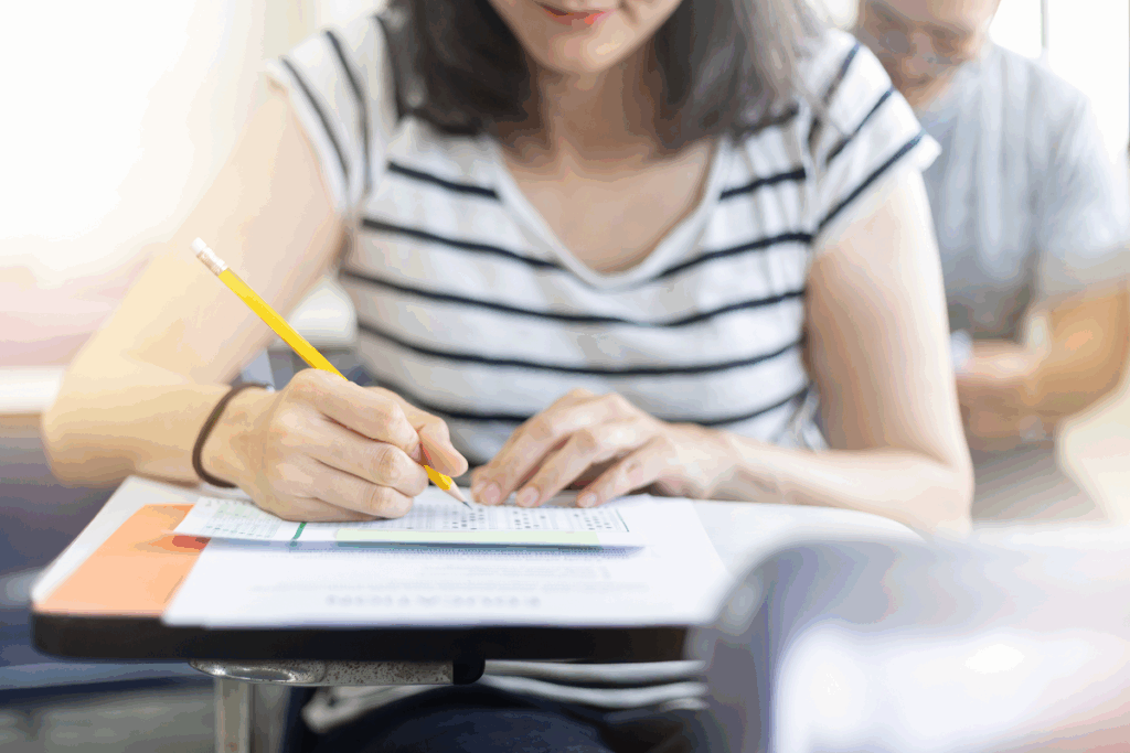 Jovens fazendo vestibular. Faculdade de pedagogia.