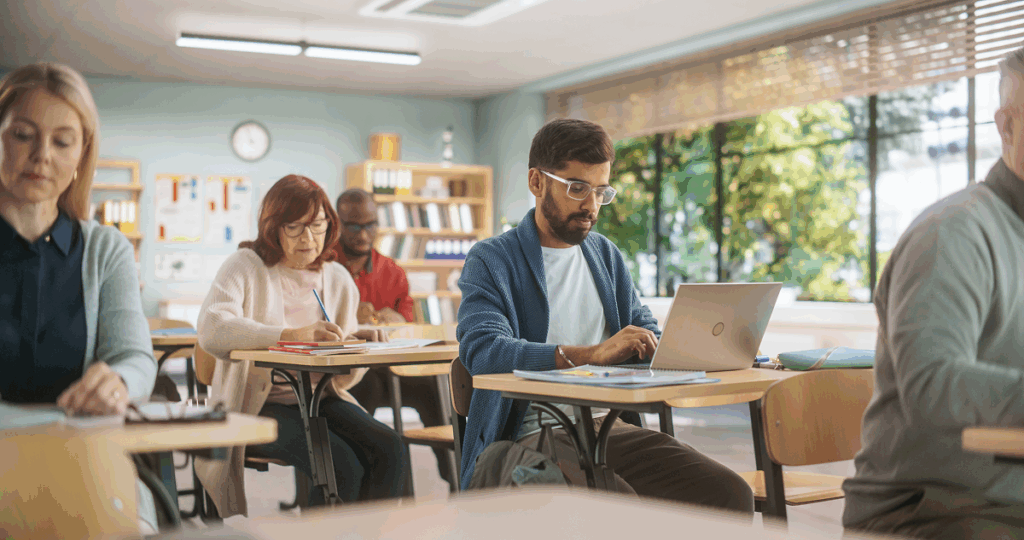 Adultos em sala de aula de faculdade estudando. Faculdade de pedagogia.