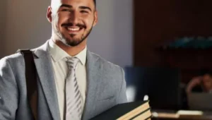 homem de terno com pilha de livros e bolsa em escritório de advocacia